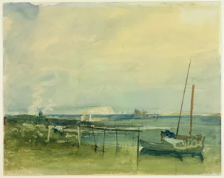 Coast Scene with White Cliffs and Boats on Shore